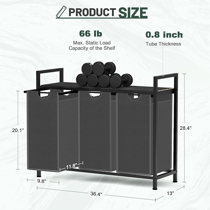 Laundry Hamper, Laundry Sorter with 3 Pull-Out Removable Oxford Fabric Bags Cloth Laundry Basket 3 x 10 Gallons (Grey and Charcoal Black)