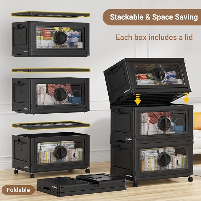 BROVIEW 480Qt Lockable Stackable Storage Bins with Lids, Closet Organizers and Storage Drawer, Collapsible Storage Bin with Wheels, Plastic Cabinet for Toy Clothes Dorm Organizer, V9 4 Pack Black