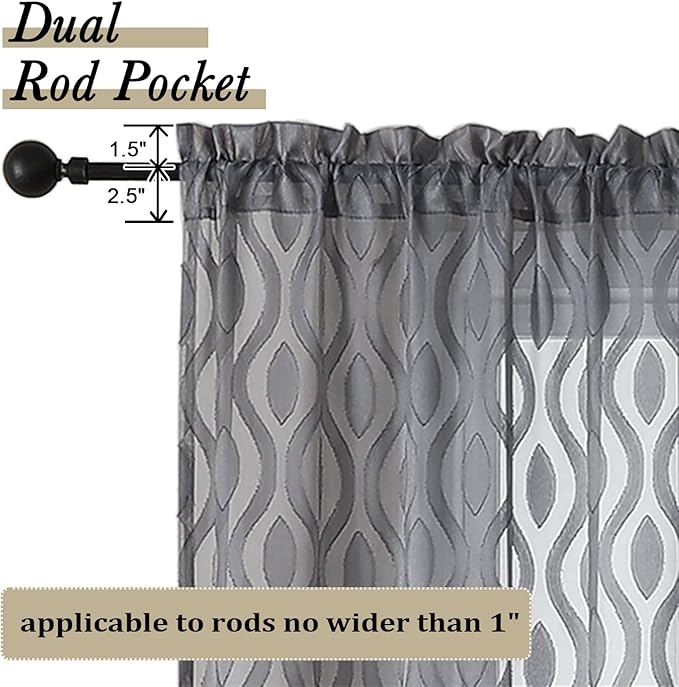 Aiyufeng Charcoal Grey Sheer Curtains 84 Inches Long 2 Panels, Solid Airy Light Filtering Window Treatments for Bedroom Living Room, Modern Wavy Line Rod Pocket Curtains, Total 80 inches Width