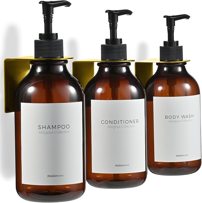 MaisoNovo Shampoo and Conditioner Dispenser - Shower Soap Dispenser Wall Mounted - 16.9 fl oz Set of 3 Amber Plastic Bottles Black Pump - 3 Chamber No Drill
