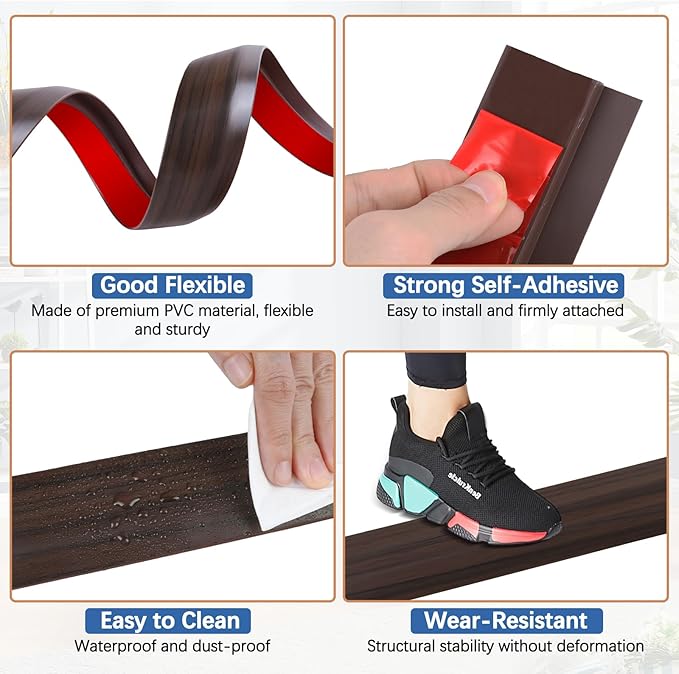 Vinyl Door Threshold Flooring Transition Strip Self Adhesive Carpet Edging Strip for Laminate Doorway Edge Threshold from 3/5" to 4/5" (Brown Wood Grain, 6.6 Ft)
