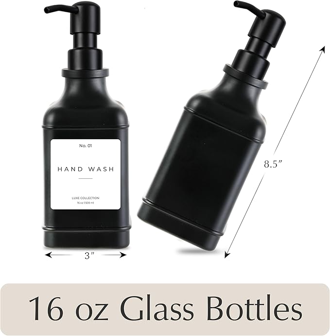 Emerson Essentials Soap Dispenser, Dish Soap Dispenser, Soap Dispenser Bathroom Set, Hand Soap Dispenser, Kitchen Soap Dispenser Set, Glass Soap Dispenser with Pump and Labels | 16 Oz, 2-Pack