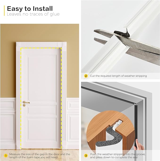 Weather Stripping Door Seal Strip - Soundproof Q-Shaped Foam for Exterior Door Frame, Large Gap Seal, Noise Cancelling, Easy to Install (White, 30FT)