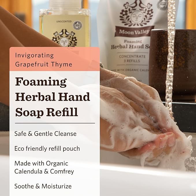 Moon Valley Foaming Hand Soap Refill Pouch, Two-Pack Grapefruit Thyme Soap, Vegan and Non-GMO, Environmentally Friendly Option