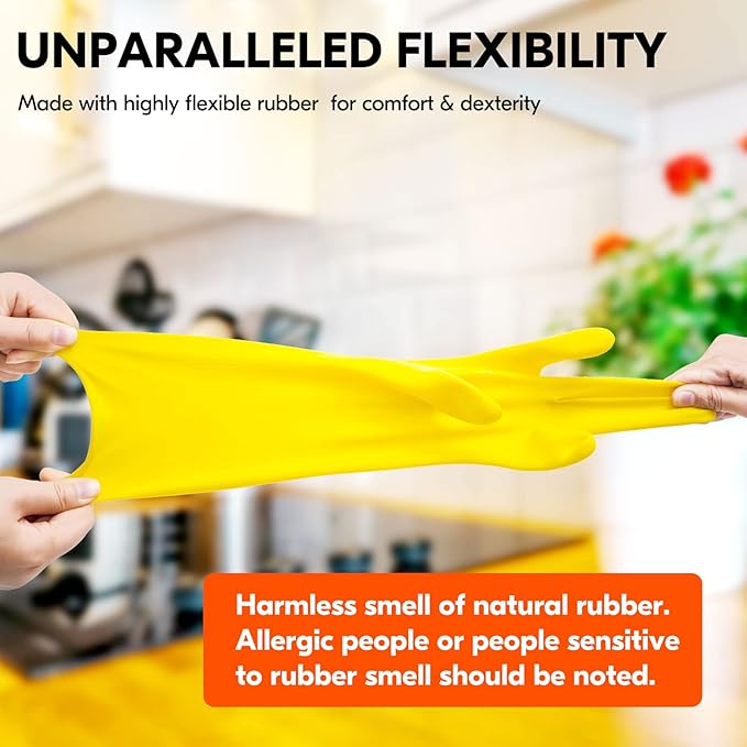 Vgo... 1-Pair Reusable Household Gloves, Rubber Dishwashing gloves, Extra Thickness, Long Sleeves, Kitchen Cleaning, Working, Painting, Gardening, Pet Care (Size XL, Yellow, HH4601)