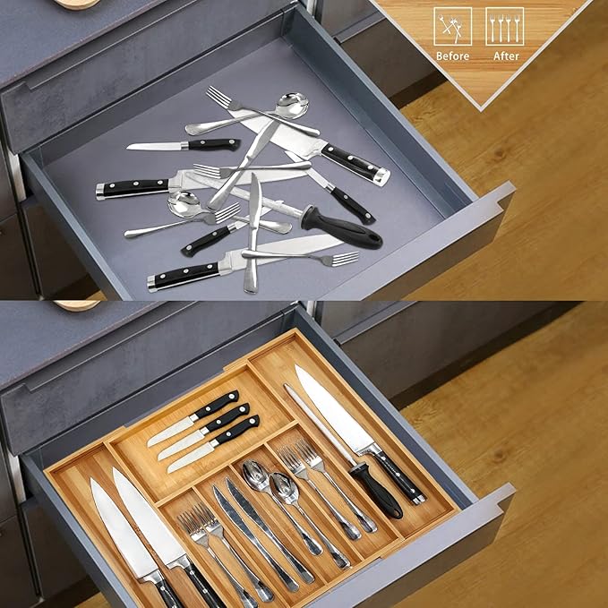 VaeFae Premium Bamboo Drawer Organizer, Expandable Silverware Drawer Organizer, Cutlery Tray with Dividers for Kitchen Utensils (Natural, Large)