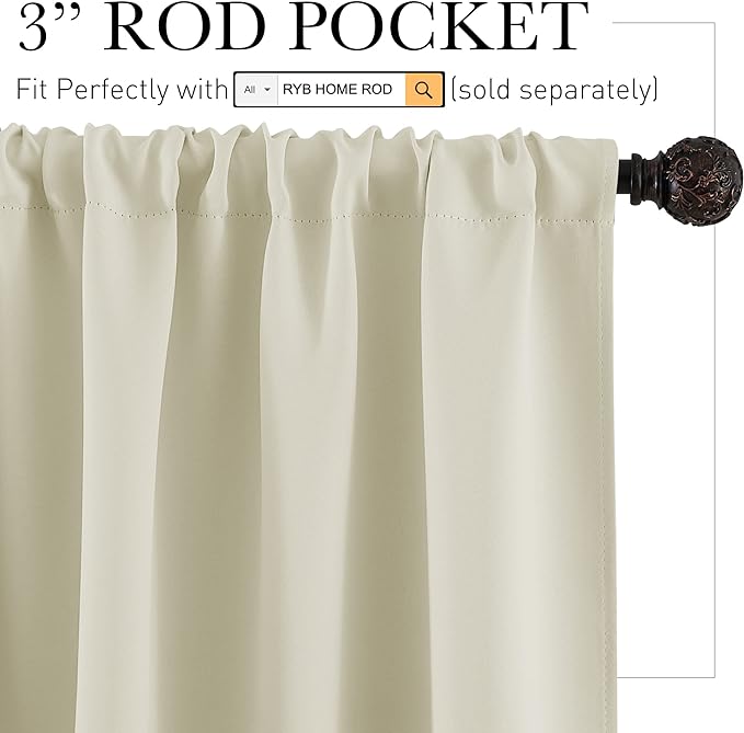RYB HOME Small Window Curtains - Room Darkening Light Block Energy Efficient Privacy Drapes for Kitchen Dining Bedroom Bath Basement, W 42 x L 36 inches, Beige, 2 Panels