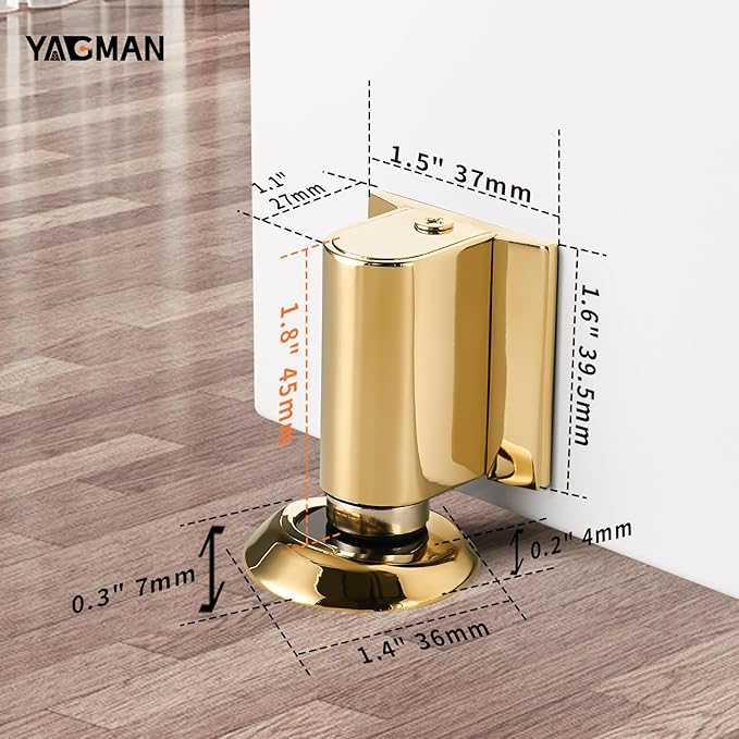 2 Pack Magnetic Door Stoppers Retractable Bottom of Door Holder No Drilling Mount Floor Door Stop with Screws and Adhesive Catch Door Keep Door Open Polished Gold PG-2