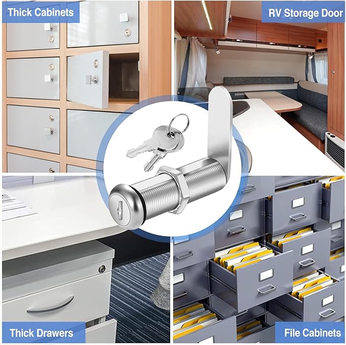 Cabinet Lock with Keys, 2" Extra-Long Cam Locks keyed Alike, 2 Pack Cabinet Cam Lock Set for Thick Drawers RV Storage Locks Tool Box Lock Replacement, Zinc Alloy (2 Pack, 2-1/8 Inch)