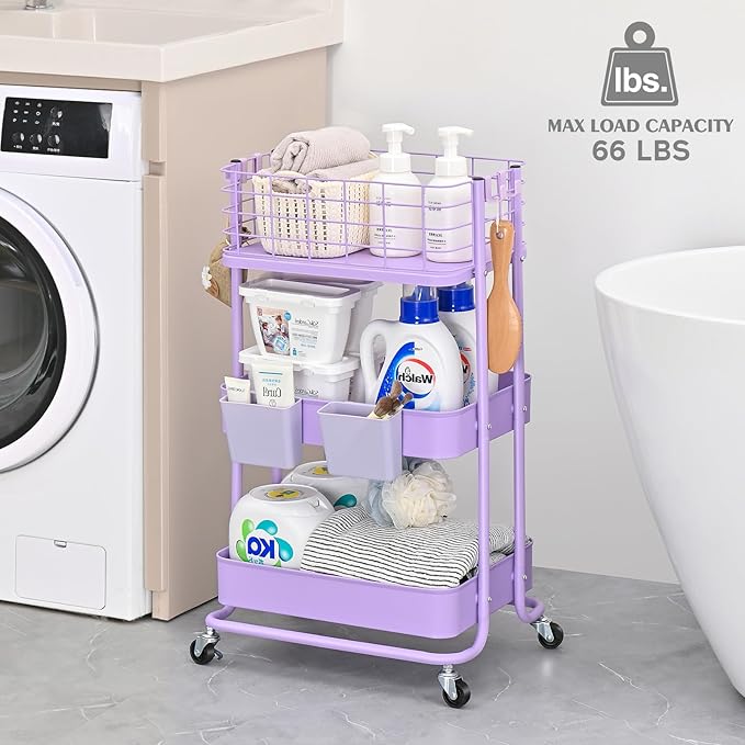 KINGRACK 3 Tier Rolling Cart, Metal Mobile Storage Shelf with Lockable Wheels, Prevent Falling Utility Trolley Cart, Storage Organizer for Kitchen, Office, Bathroom, Dorm, Purple