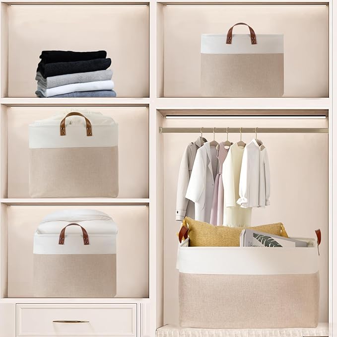 DULLEMELO 70L Extra Large Storage Bin, 22" x 15" x 13" Oversized Storage Basket, Collapsible Storage Box, Fabric Clothes Toys Blanket Basket for Shelves, Laundry, Nursery (White&Khaki)