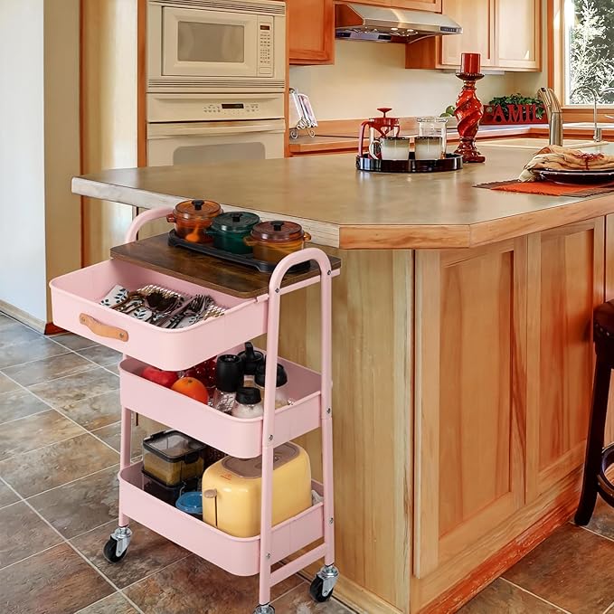 AGTEK Makeup Organizer Cart with Drawer, 3-Tier Metal Utility Cart with Hanging Cups, Leather Handle, Mobile Trolley for Home & Office, Pink