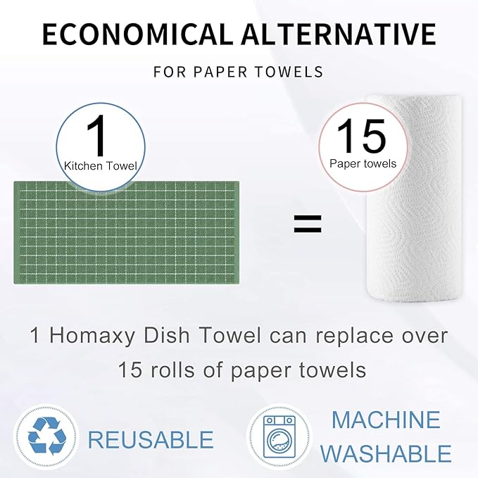 Homaxy 100% Cotton Terry Kitchen Towels(Grass Green, 13 x 28 inches), Checkered Designed, Soft and Super Absorbent Dish Towels, 12 Pack