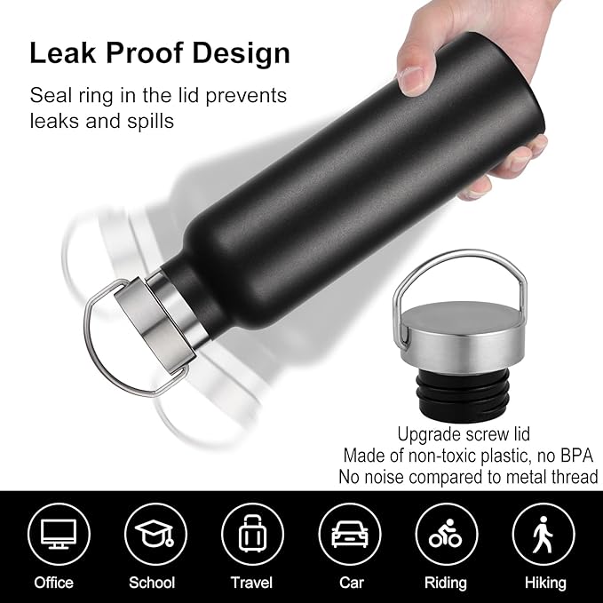Neihepal 20 oz Insulated Water Bottles Bulk 4 Pack,Stainless Steel Double Wall Sport Bottle with Lid of Handle,Metal Reusable Thermoses Flask with Cup Cap for School,Hikers,Gift (Black,Set of 4)