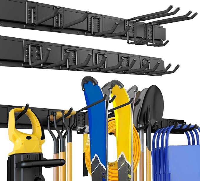 64 Inches Garage Storage, Garage Organization, Wall Mount Garden Tool Organizer, Max 620lbs Adjustable Metal Hooks, Yard Shed Rack, Tool Holder for Hanging Rake Broom Mop Snowboard, Home Gift