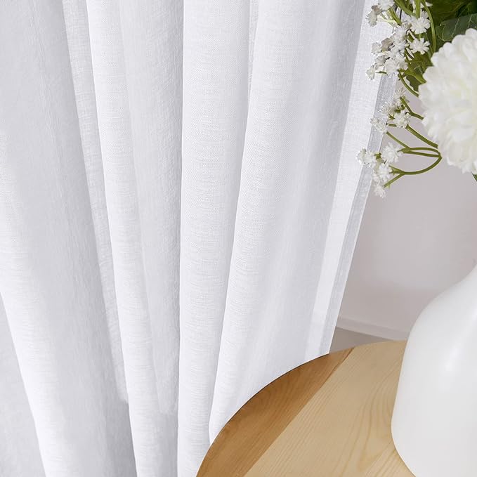 Tollpiz Short Sheer Curtains Linen Textured Living Room Curtain Sheers Light Filtering Rod Pocket Voile Curtains for Bedroom, 42 x 45 inches Long, White, Set of 2 Panels