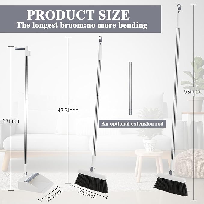 Suclain 4 Set 8 Pcs Broom and Dustpan Set 47 Inch Long Handle Brooms for Sweeping Indoor Household Dustpans for Indoor Outdoor Kitchen Floor