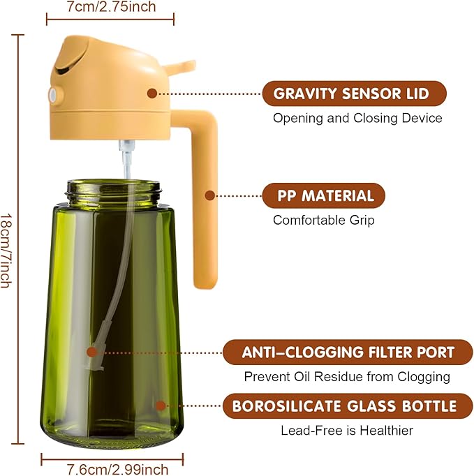 YARRAMATE 2PCS 16oz/470ml Oil Sprayer for Cooking with Stickers, Food-Grade 2 in 1 Olive Oil Dispenser Bottle for Kitchen, Premium Dark Green Glass Oil Bottle for Air Fryer, BBQ(White & Orange)