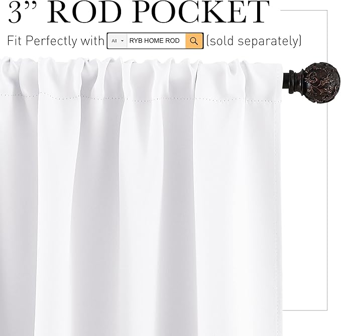 RYB HOME Short Curtains 45 inch 2 Panels Set, Room Darkening Small Window Drapes Thermal Insulated Cafe Curtains for Kitchen Dorm Transit Van, W 34 x L 45 inch, Pure White
