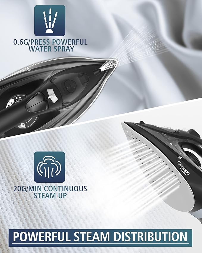 Steam Iron for Clothes, 1500W Iron with Rapid Heating, Non-Stick Ceramic Soleplate, Burst of Steam, Self-Cleaning, Auto-Off, Anti-Drip, 11.84oz Water Tank Ironing Clothes for Home, Black