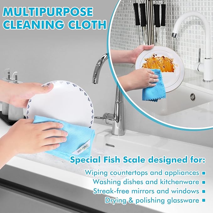 Streak Free Miracle Cleaning Cloths Easy Clean Nanoscale,Fish Scale Microfiber Window Mirror Glass Car Stainless Steel Cleaning,Lint Free Dish cloth Wine Glass Polishing Towel,Reusable,Pack 6,Blue
