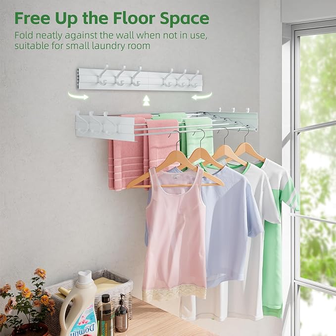 BAKON Clothes Drying Rack Wall Mounted 40", Laundry Clothes Drying Rack Collapsible with 6 Towel Hooks and 5 Rods for Hanging Clothes, Space Saving Laundry Rack for Small Space Bathroom Bedroom(40")