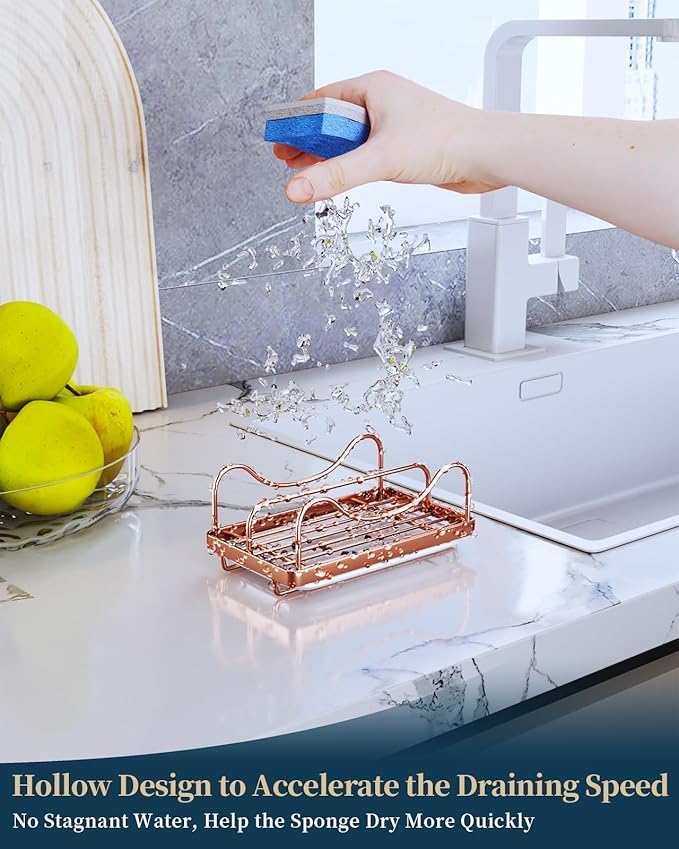 Consumest Sponge Holder for Kitchen Sink - Movable Sink Caddy for Countertop Organizer, 304 Stainless Steel Sponge Holder with Detachable Drip Tray for Kitchen Accessories, Rose Gold