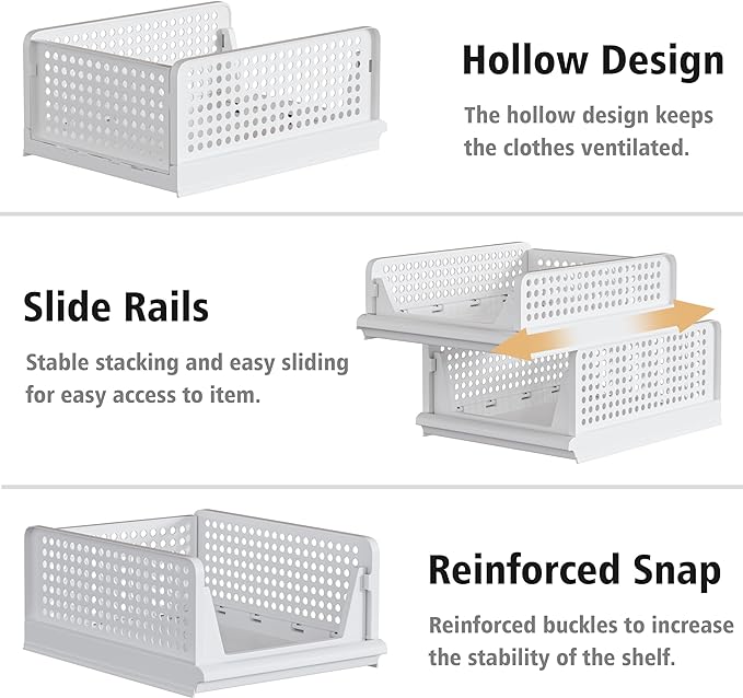 Proarea 5 Pack Stackable Plastic Storage Basket Closet Organizer Bin Foldable Clothes Organizer Storage Drawer Shelf Container for Living Room Bathroom Kitchen Office (5L)