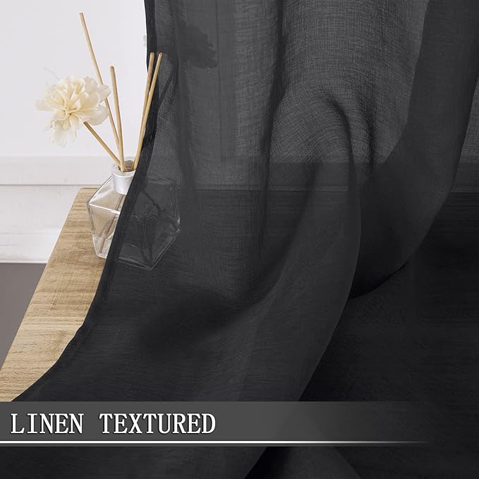 Tollpiz Sheer Curtains Linen Textured Bedroom Curtain Sheers Light Filtering Rod Pocket Voile Curtains for Living Room, 54 x 63 inches Long, Black, Set of 2 Panels