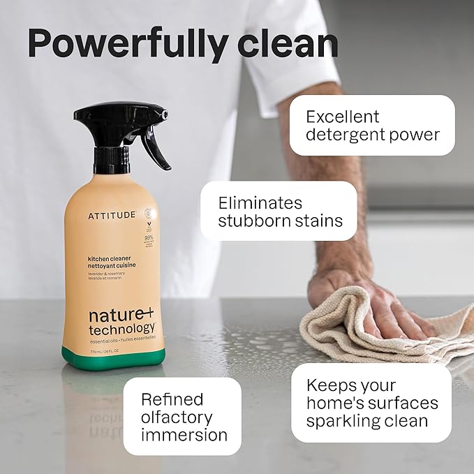 ATTITUDE Kitchen Cleaner Spray, Natural Origin Ingredients, EWG Verified, Cleans and Degreases, Streak-Less, Lavender & Rosemary, 26 Fl Oz (Pack of 3)