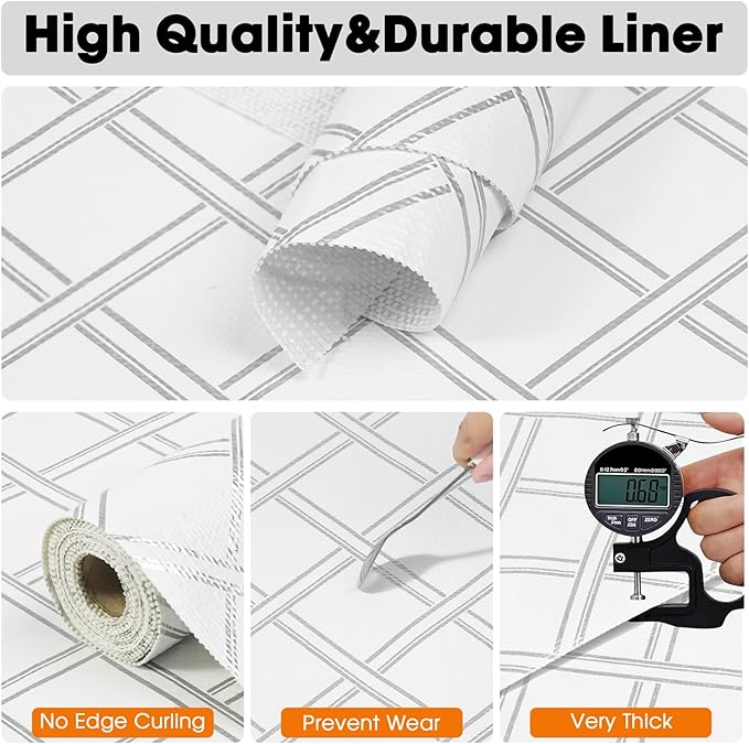 Drawer and Shelf Liner for Kitchen Cabinets Non-Adhesive, Non-Slip Cabinet Liner Shelf Paper Strong Grip Waterproof Easy to Clean for Kitchen Shelves Cupboard,Silver Geometric,12IN X 10FT