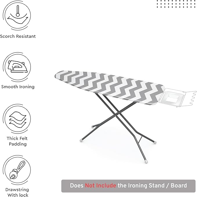 Encasa XO Ironing Board Cover and Pad 49"x18" - Thick 3mm Felt Padding, Drawstring Tightening & Lock, Easy Fit, Scorch & Stain Resistant, Fits Wide Ironing Board - Zig Zag