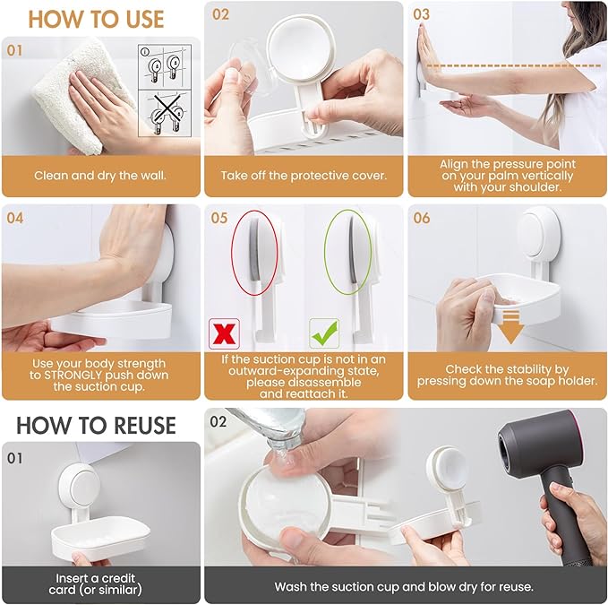 LEVERLOC Soap Holder Suction Cup for Shower, 2 Pack Bar Soap Dish Holder for Shower Wall Mounted NO-Drilling, Plastic Self Draining Removable Vacuum Suction for Bathroom Bathtub Sink