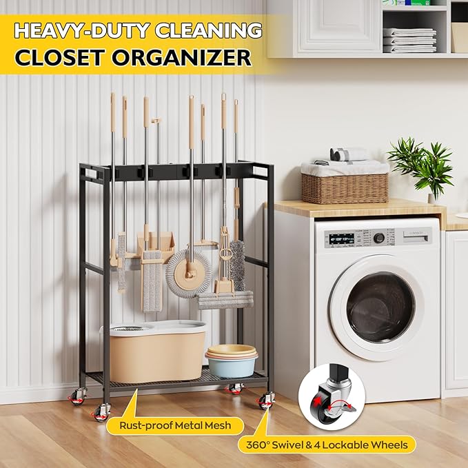 BORISI Broom And Mop Holder, Movable Broom Closet Storage Cabinet, Cleaning Cart with Mop Hanger Gripper Rack, Janitorial Cart, Utility Carts, Laundry Room Organization Home Essentials