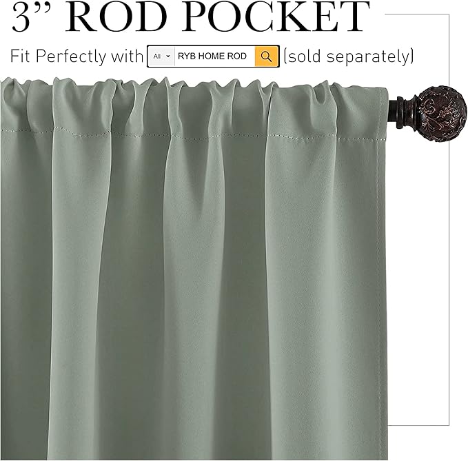 RYB HOME Blackout Curtains for Small Window - Thermal Insulated Privacy Curtains Shades for Kitchen Bathroom Cafe Dorm Loft, W 34 x L 45 inch per Panels, Sea Green, 2 Pcs