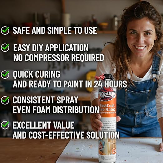 Kraken Bond Fastcoat Fire Rated Spray Foam Insulation Kit Closed Cell in a Can 40 sq ft (2x27.1 oz.) (R-Value 11.32 / 2in) - Spray Foam for Garage Door, Attic, Wall Gun & Cleaner Included, 2 Pack