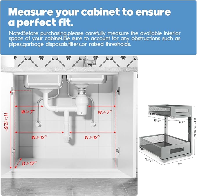 1 Pack-11.4"-16.14" H Under Sink Storage Organizer, Large 2-Tier Elegant Mesh Pull Out Shelf for Kitchen & Bathroom Cabinet Organization, L-Shaped, Adjustable Height-Gun Gray