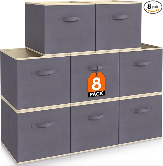 Lifewit 11 Inch Cube Storage Bins, Storage Cubes Foldable Medium Decorative Fabric Storage Baskets for Organizing Home Organizers with Handles for Shelves, Closet, Set of 8, Grey
