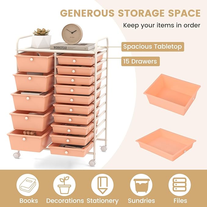 GOFLAME 15-Drawer Rolling Storage Cart, Multipurpose Movable Organizer Cart, Utility Cart for Home, Office, School, Peach Fuzz, 53825HW-GL