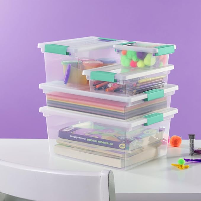 Sterilite 4-Pack Clip Box, Stackable Clear Plastic Bins with Latching Lids, Deep - Writing, Arts or Crafts Supplies Storage Containers for Home, Office, Classroom and Workshop Organization