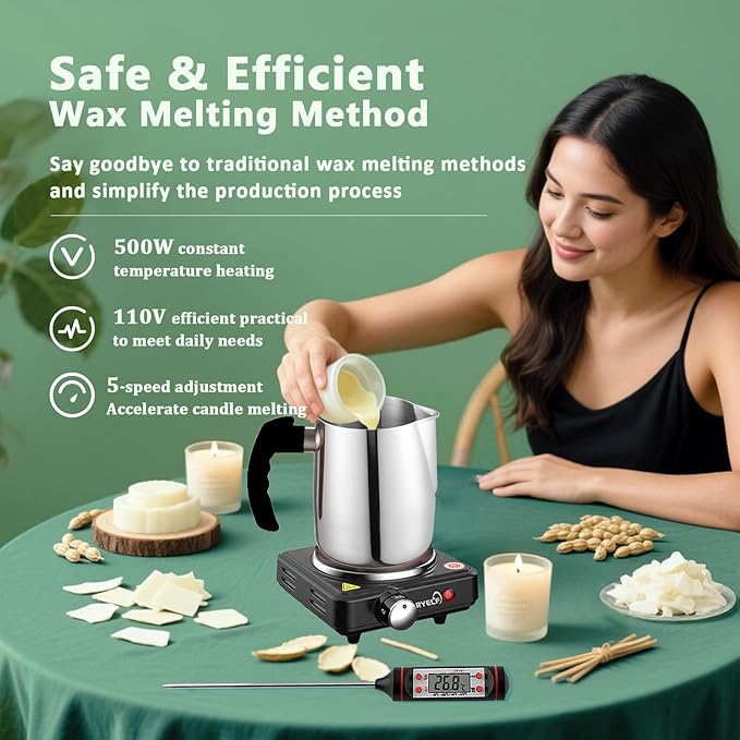 Soy Wax Candle Making Kit Supplies With Wax Melter, Natural Candle Wax for Candle Making - DIY Candles Making Supplies, Including 3lbs Soy Wax Flakes, Melting Pot, Electric Stove, Candle Wick