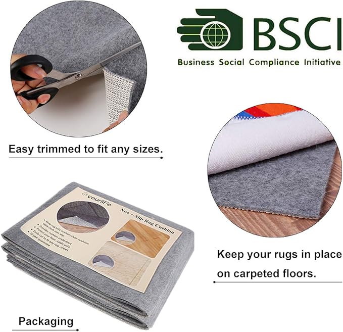Non Slip Rug Pad Grippers - 2x10, 1/8" Thick, (Felt + Rubber) Double Layers Area Carpet Mat Tap, Provides Protection and Cushioning for Hardwood or Tile Floors