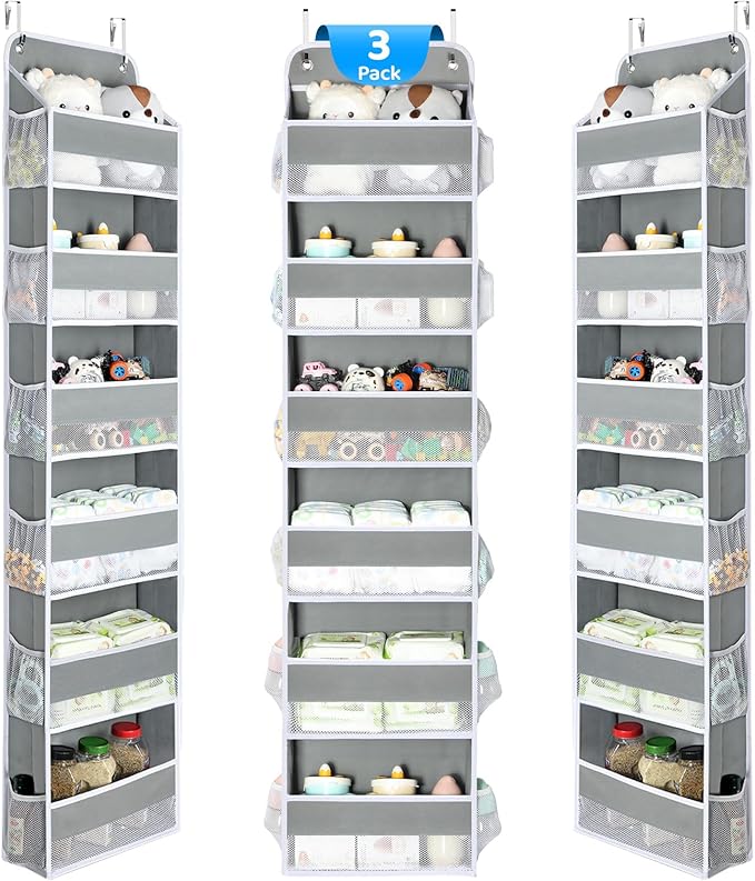 Yecaye 3 Pack Over The Door Organizer, 6-Tier Closet Door Hanging Organizer with 12 Mesh Pockets, Bathroom Organizers and Storage, Ultra Sturdy Large Capacity Over Door Storage Newborn Baby Essentials
