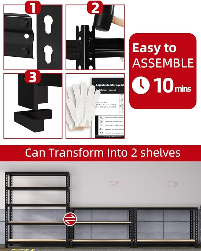 PrimeZone 32" W x 16" D x 63" H Storage Shelves - 5 Tier Adjustable Garage Storage Shelving, Heavy Duty Metal Storage Utility Rack Shelf Unit for Warehouse Pantry Closet Kitchen, Black