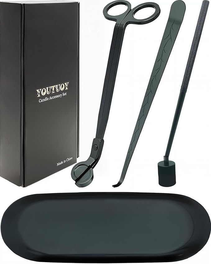 4 in1 Candle Accessory Set with Storage Tray Plate, Candle Wick Trimmer, Candle Wick Snuffer, Candle Wick Dipper, Great for Scented Candles Lovers (Matte Black)