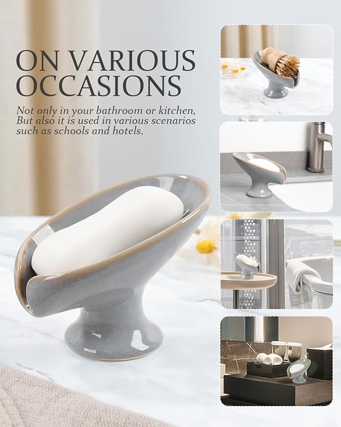 Soap Dish, Self Draining Bar Soap Holder for Bathroom Sink, Leaf Shaped Drainage Ceramic Porcelain Decorative Soap Dish, No Suction Cup, Kiln Stone Gray, ANTIS'S HOME