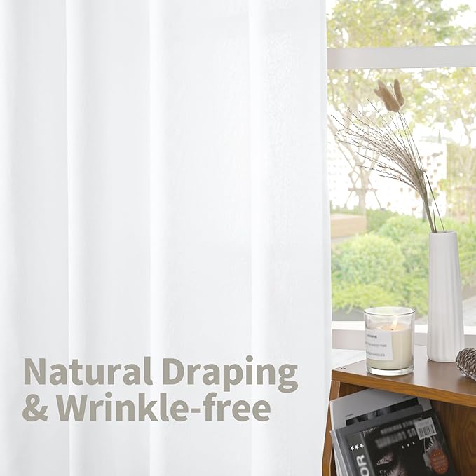 YoungsTex White Linen Semi Sheer Curtains 72 Inch Length 2 Panels for Living Room, Light Filtering Drapes Lightweight Window Treatments with Rod Pocket Back Tab for Bedroom, 42 X 72 Inch