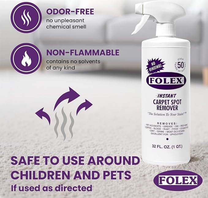 FOLEX Instant Carpet Spot Remover 32 oz – Powerful Stain Remover for Carpets, Upholstery & Rugs – Eliminates Pet Stains, Grease, Red Wine, Food, Makeup & More – With Reusable Cleaning Cloth – 5 Pack