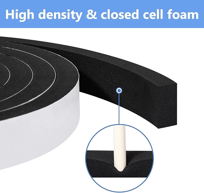 Weather Stripping Door Seal Strip- 1/2 Inch X 1/4 Inch X 16Feet, Strong Adhesive, Lightproof, Soundproof, Weatherproof Foam Tape Insulation for Sliding Door, Front Door Frame, Windows- Black