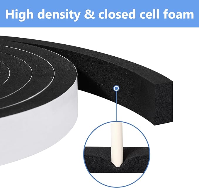 Weather Stripping Door Seal Strip- 1/2 Inch X 1/2 Inch X 10Feet, Strong Adhesive, Lightproof, Soundproof, Weatherproof Foam Tape Insulation for Sliding Door, Front Door Frame, Windows- Black